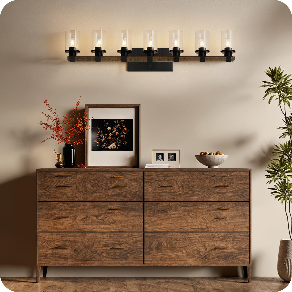 7-Light Bathroom Light Fixture, Farmhouse Vanity Lights with Glass Shade, Rustic Bathroom Light Fixtures, E26 Base