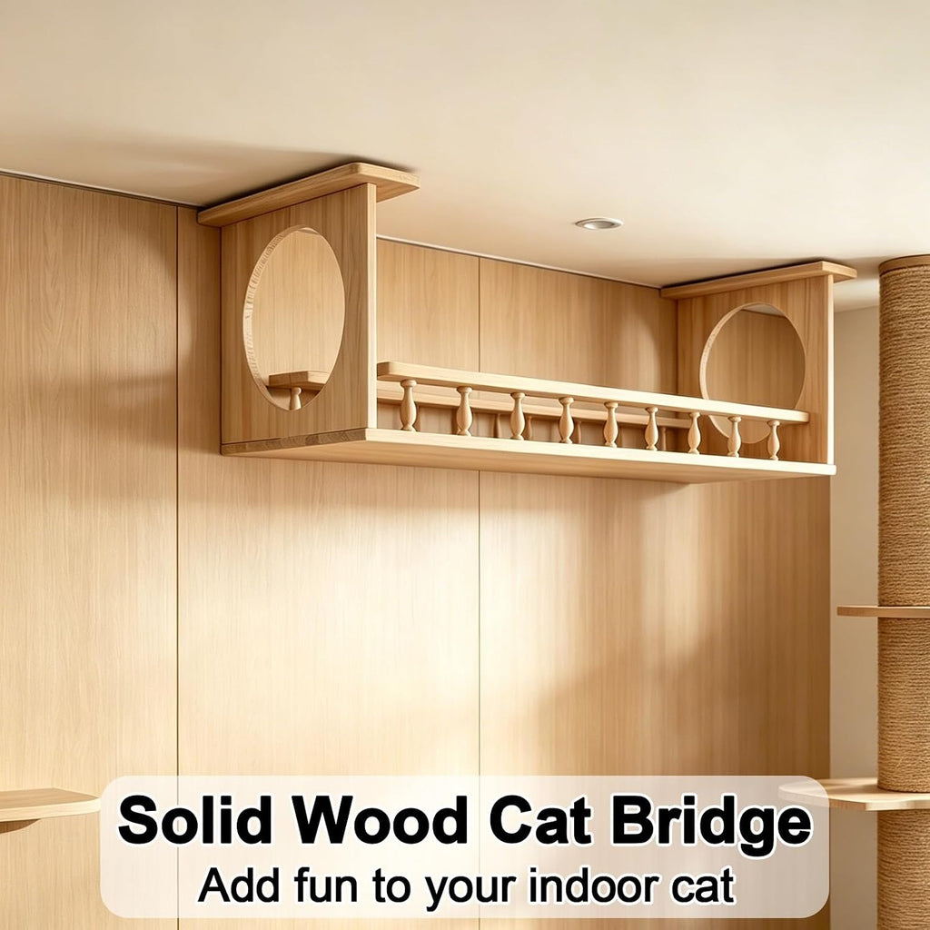 Solid Wood Cat Bridge Ceiling Mounted, Saving Cat Walkways for Walls, with Fence for Indoor Cats Lounging and Play