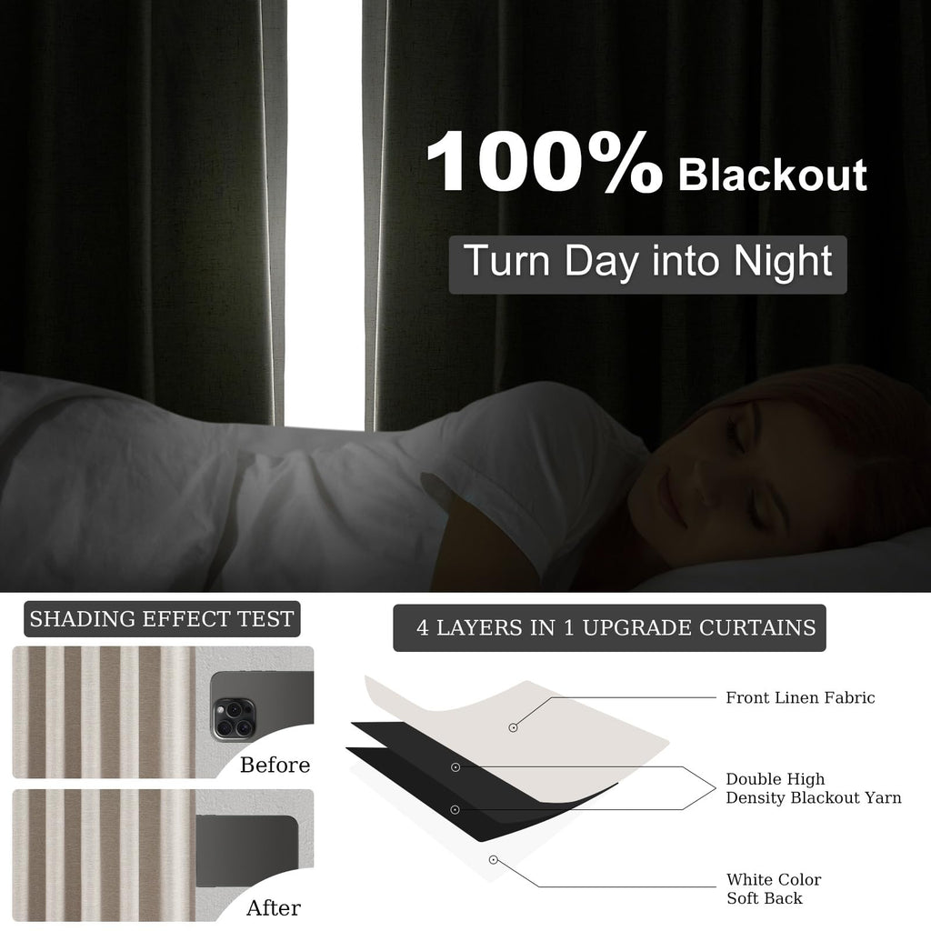 105 Inches Long Blackout Natural Linen Curtains, Rustic Brown Pinch Pleat Sound Blocking Curtains, Neutral Farmhouse
