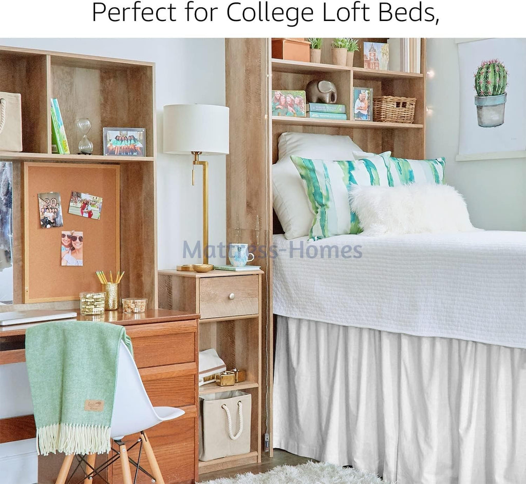 Ruffled Dorm Bed Skirt, Twin XL, 30-Inch Drop, Tailored with Split Corners, White Dust Ruffle for Lofted College
