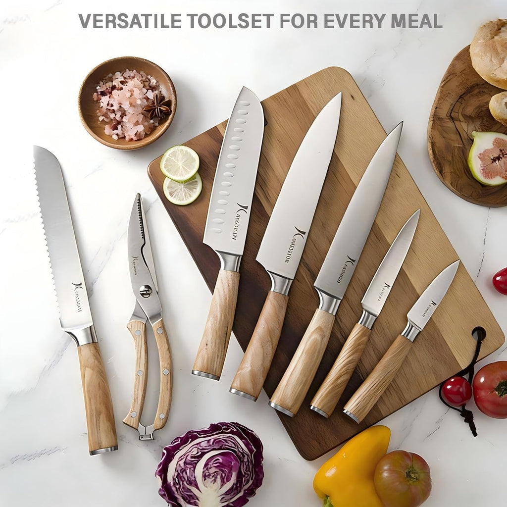 Ultra Sharp 14-Piece Kitchen Knife Set, High Carbon Stainless Steel Blades, Torrefied Natural Wood Handles, Ergonomic