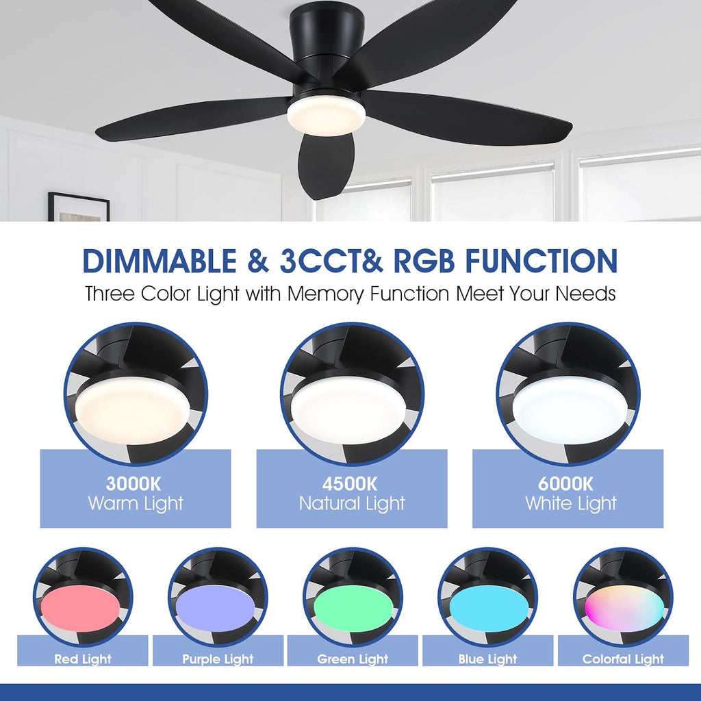 Flush Mount RGB Ceiling Fans with Lights-48 Low Profile Ceiling Fan with Light and Remote/APP Control,DC Reversible,LED Dimmable Blakc Ceiling Fans for Bedroom,Indoor/Outdoor Patio Use A101-B0F8HW7T84