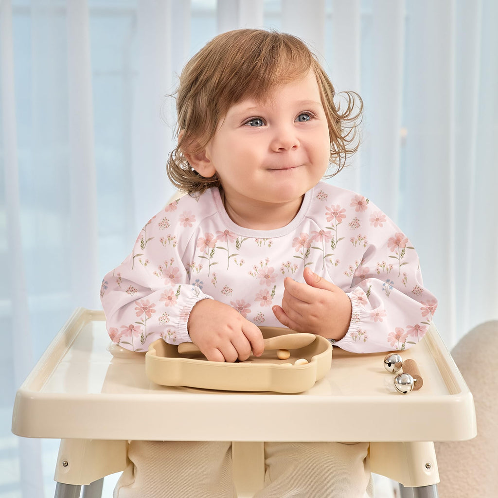 2 Pack Long Sleeve Baby Bibs, Waterproof Smock Bibs for Eating