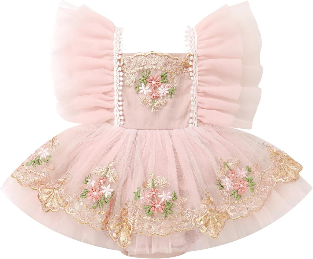 Baby Girls First Birthday Party Dress Tulle Tutu Romper Floral Embroidery Bodysuit Cake Smash Outfit