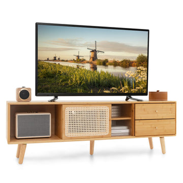 Bamboo TV Stand for 55 60 65 Inch TV, PE Rattan Entertainment Center with Sliding Doors, Drawers, Open Shelves, 5