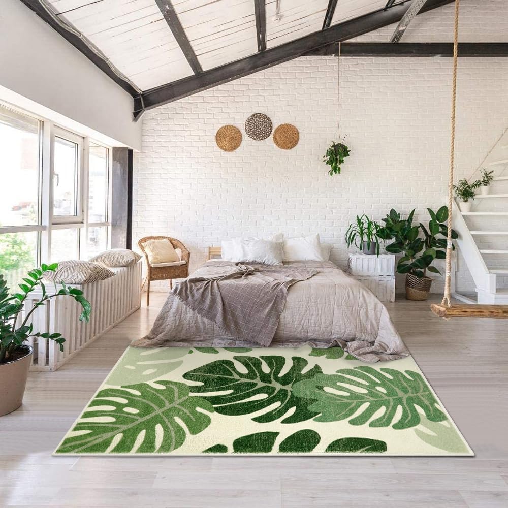 Leaf Indoor Outdoor Area Rugs, 5x7 Green Washable Living Room Rug Tropical Monstera Plant Non-Slip Bedroom Rugs