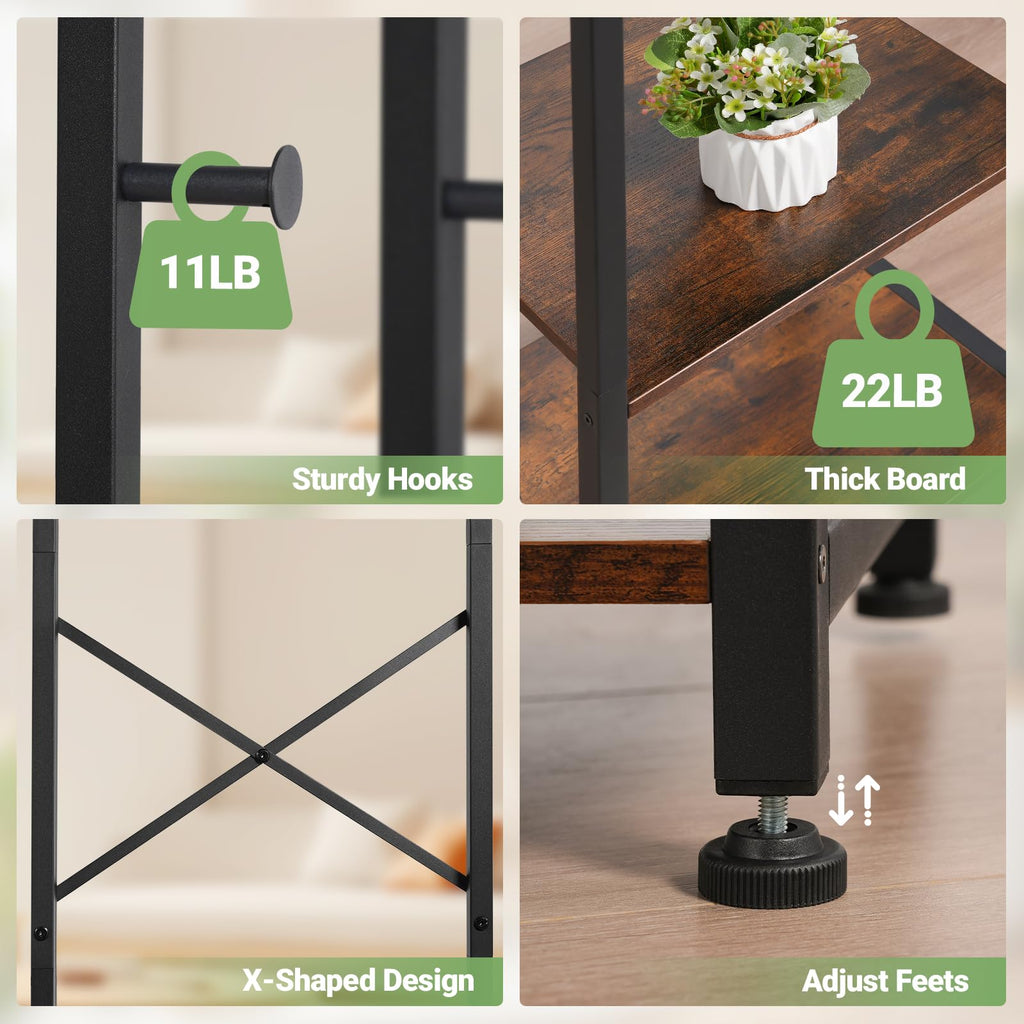 Coat Rack Freestanding, Hall Tree with 3 Shelves and 12 Hooks, Rustic Brown