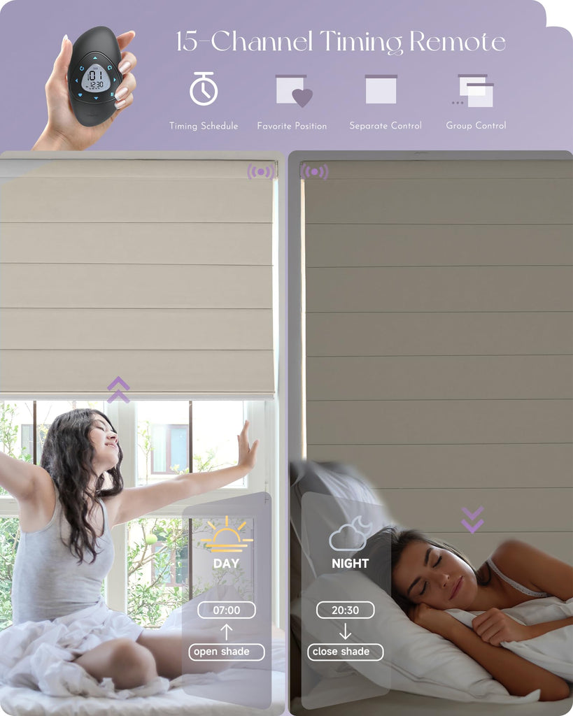 Smart Roman Shades 100% Blackout Compatible with Alexa Google Rechargeable Motorized Window Blinds Remote Control