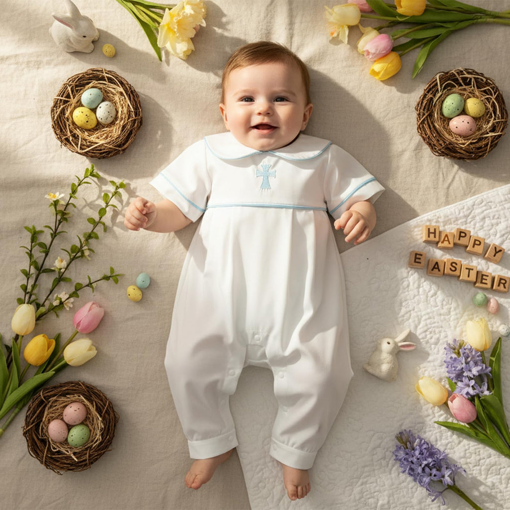Newborn Baby Boy Baptism Outfit Bubble Romper Peter Pan Bodysuit Cross Jumpsuit Infant Church Outfit (White