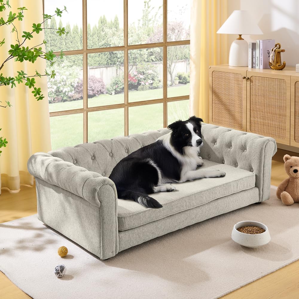 Elegant Elevated Dog Sofa Bed - Oversized Linen Fabric Pet Couch with Thick Padding, Durable Stitching & Modern