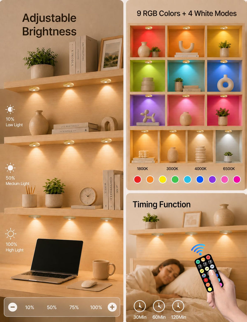 Rechargeable Puck Lights with Remote, Wood-Look Under Shelf Lights, 3 Pack
