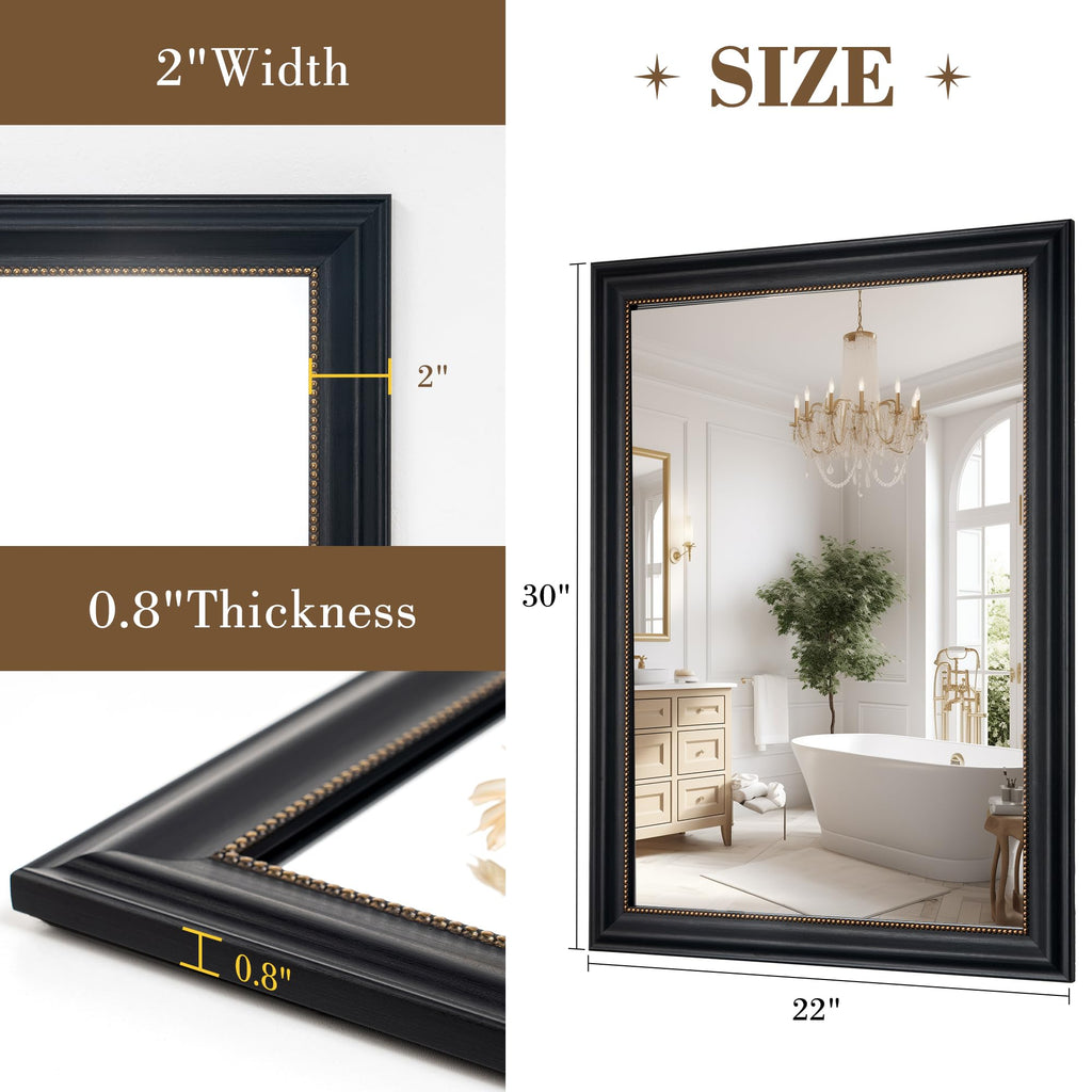 22x30 Rectangular Wall Mirror, Decorative Bathroom Mirror, Traditional Vintage Wall Mounted Mirror with Beaded Frame