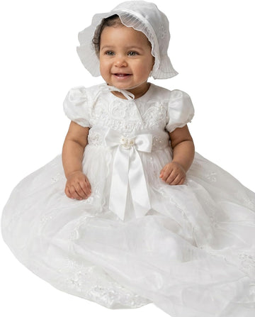 Baby Girls Ivory Baptism Gown & Bonnet Set Traditional Style Christening Outfit