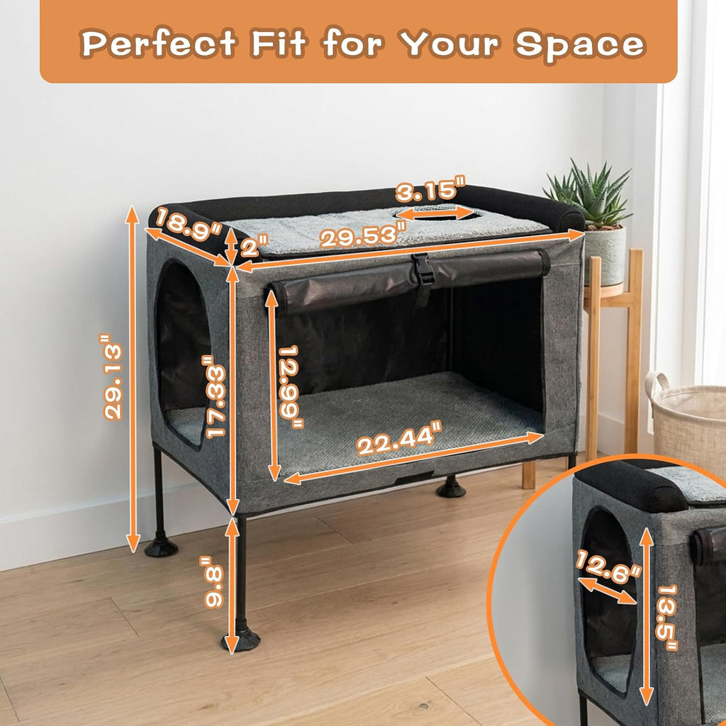 Cat Bunk Bed with Secret Passage Hole, Bedside Elevated Cat Cot for Small Cats, Reversible Lower Mattress, Soft