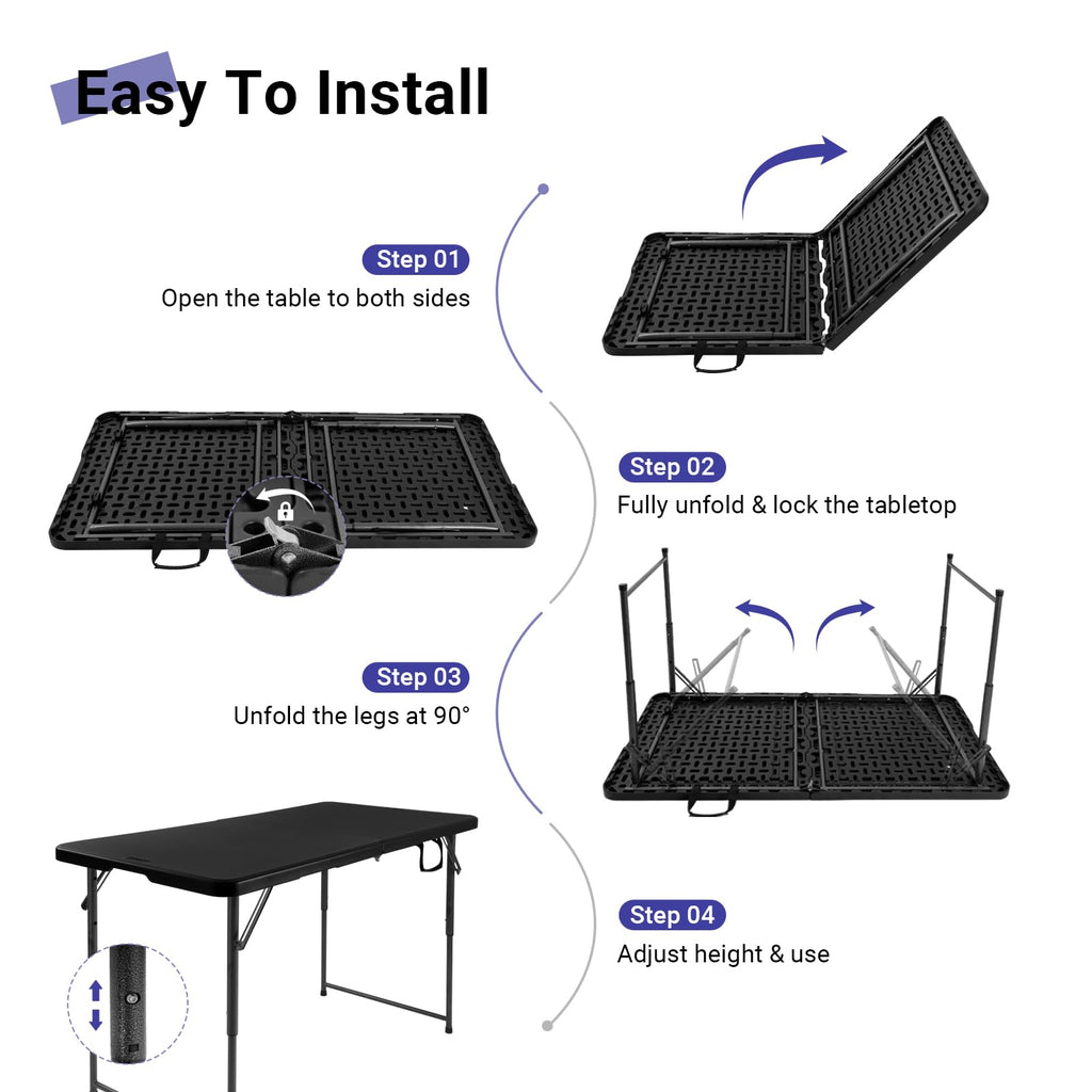 Folding Table 4 Foot, Adjustable Height Plastic Fold-in-Half Table, Black