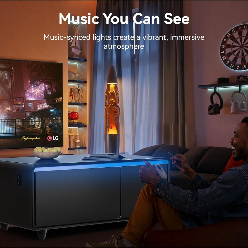 Smart Coffee Table with Refrigerator and Freezer Drawers - Wireless Charging, Bluetooth Speakers, LED - Black