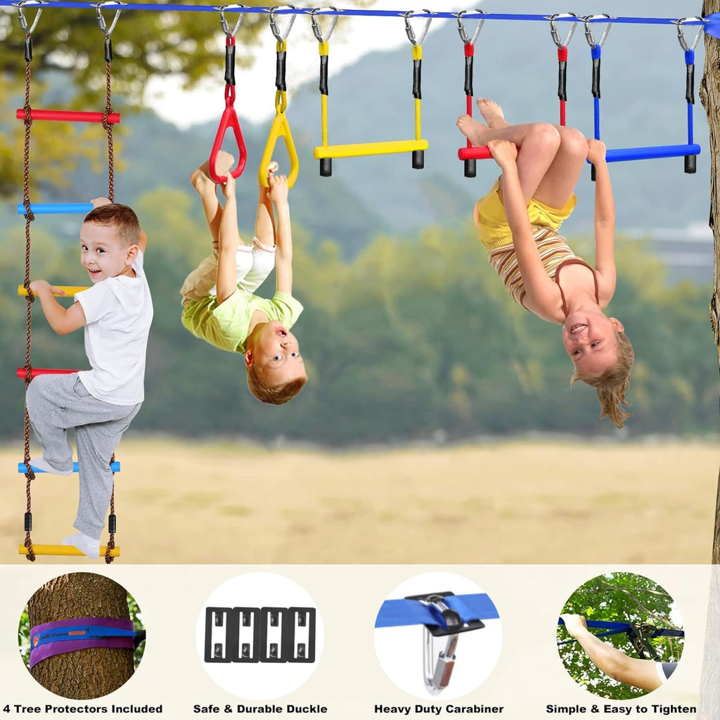 Warrior Obstacle Course for Kids Backyard-65ft Slackline Kit with 13 Obstacles, Upgraded Quick-Install Buckles No