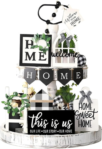Farmhouse Tiered Tray Decor Set-Rustic Wooden Mini Signs and Decorations and Kitchen Display (Tiered Tray Not - Set of 11