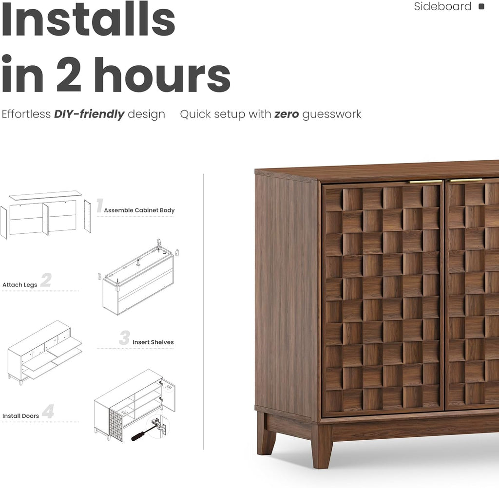 Fluted Sideboard Cabinet with Storage, Solid Wood Buffet , Credenza Console with Adjustable Shelves, Walnut Finish
