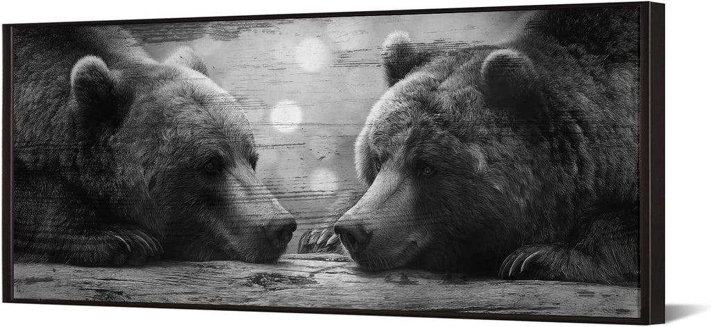 Black and White Grizzly Bears Canvas Wall Art 20x48'' Black Floater Frame Wildlife Prints Stretched Canvas Ready to