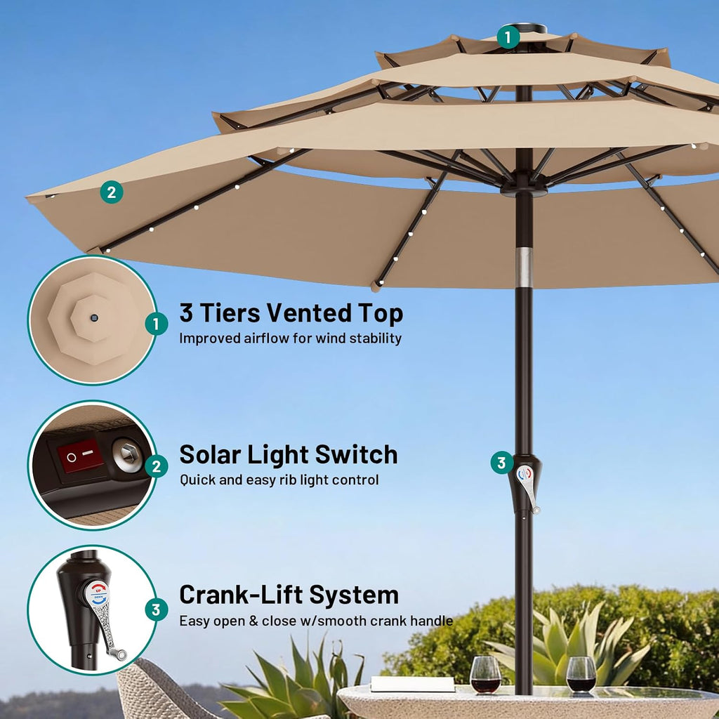 9ft 3 Tiers Patio Umbrella with Solar Lights, Outdoor Umbrella w/ 32 LED Lights&8 Sturdy Ribs