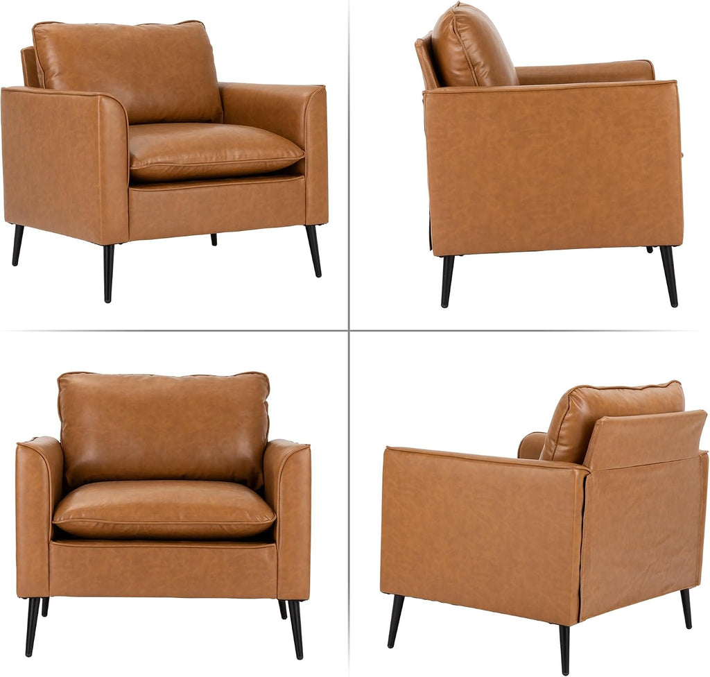 Modern Leather Chair, Oversized Armchair, Mid-Century Accent Reading Chair Comfy, Upholstered Single Sofa - Set of 2