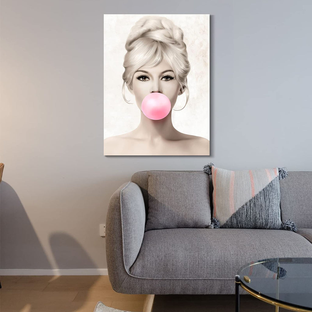 Beauty Portrait Brigitte Bardot with Pink Bubble Gum Canvas Wall Art Body Art Giclee Prints Wall Decor Bedroom Office