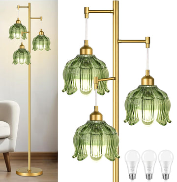 Vintage Floor Lamps Bedroom-3 Light Gold Floor Lamp with Glass Lampshape, Flower Green Tall Lamp Mid Century Modern