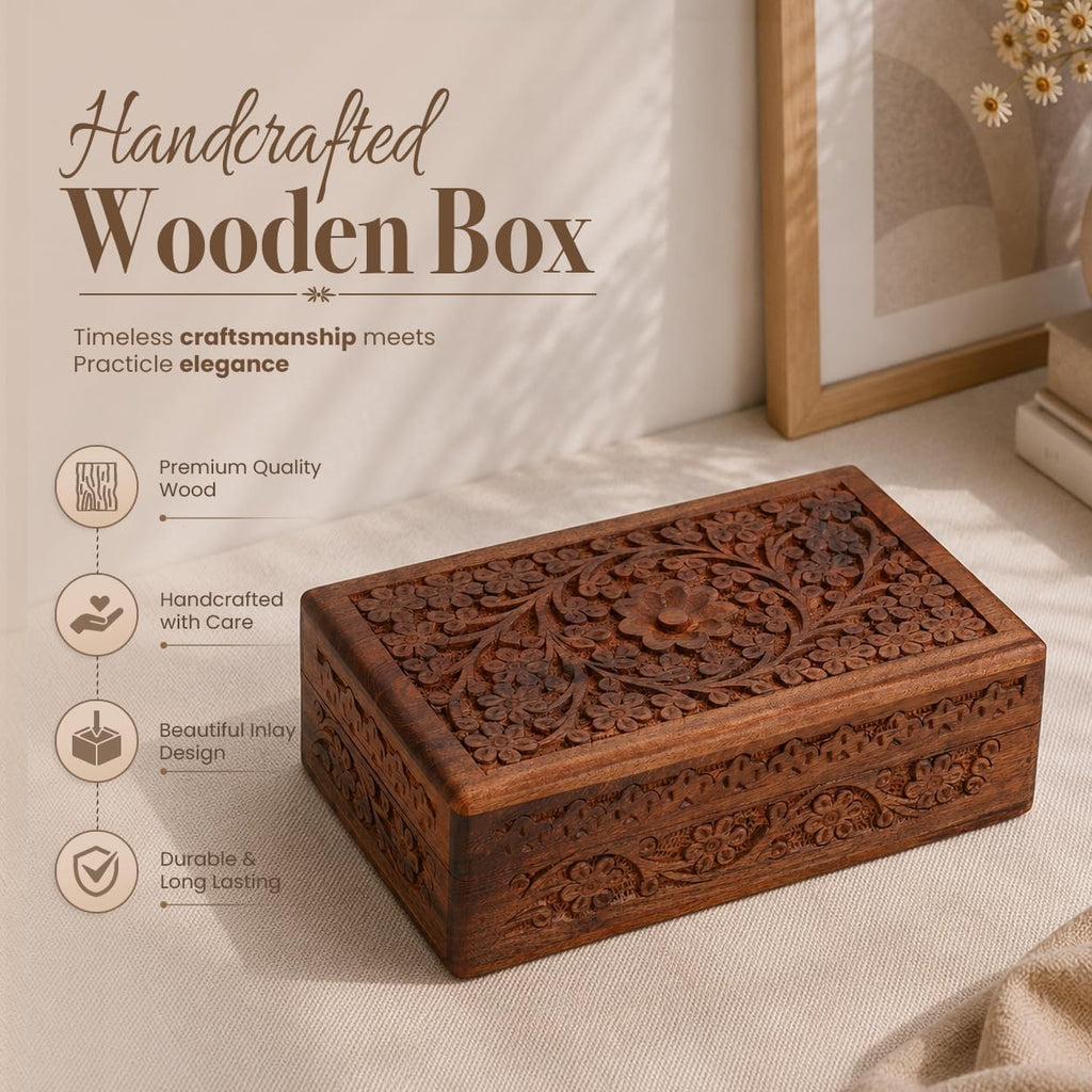 Wooden Jewelry Box Hand Carved Flower Keepsake Chest - 8x5 Inch