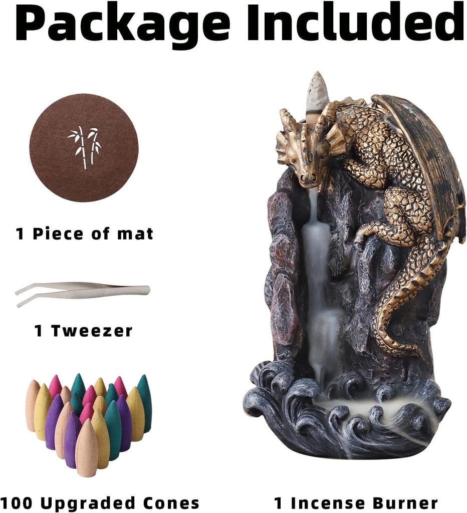 Dragon Backflow Incense Holder Waterfall Incense Burner, with 100 Backflow Incense Cones,1 Mat,1 - Set of 4