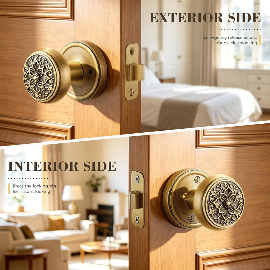 Solid Brass Privacy Door Knob, Antique Brass, 2-3/8" Backset
