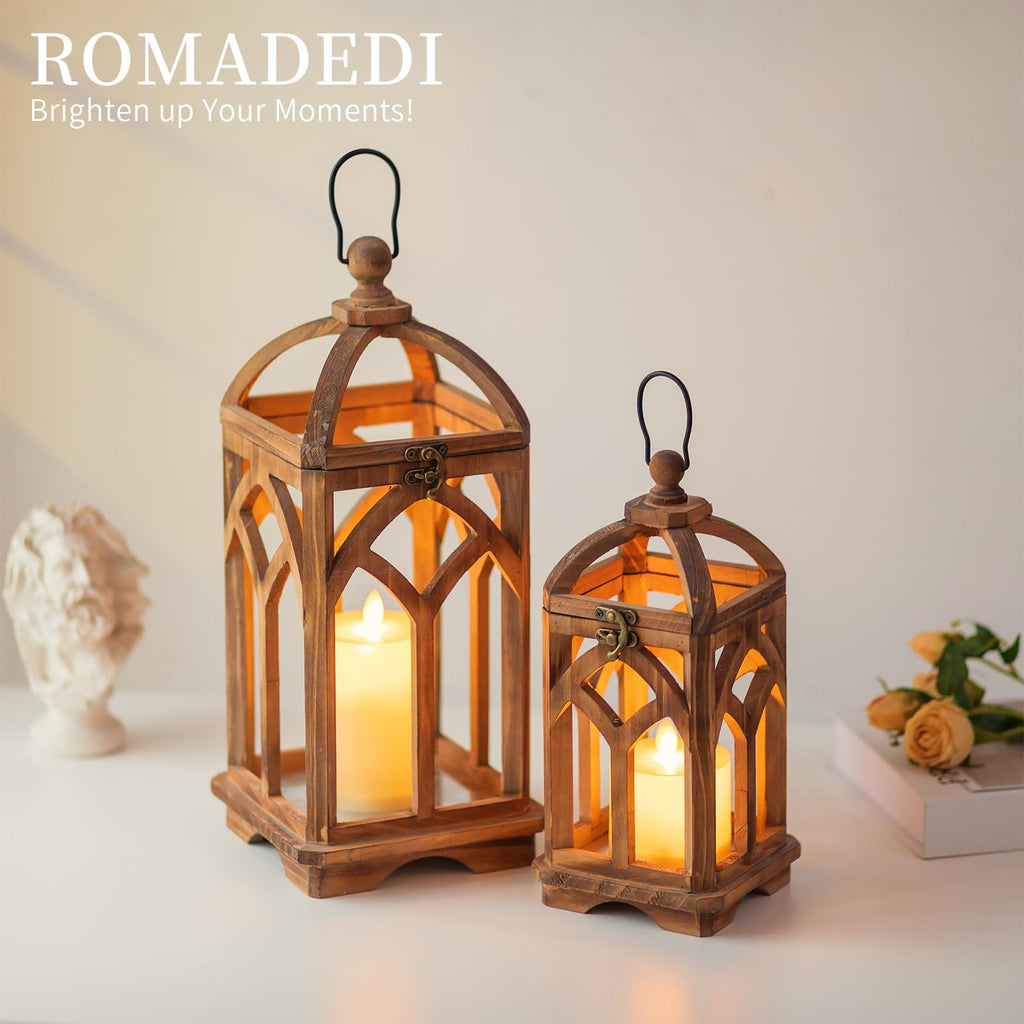 Farmhouse Wood Candle Lantern Decorative 12"/16", Set of 2, Brown