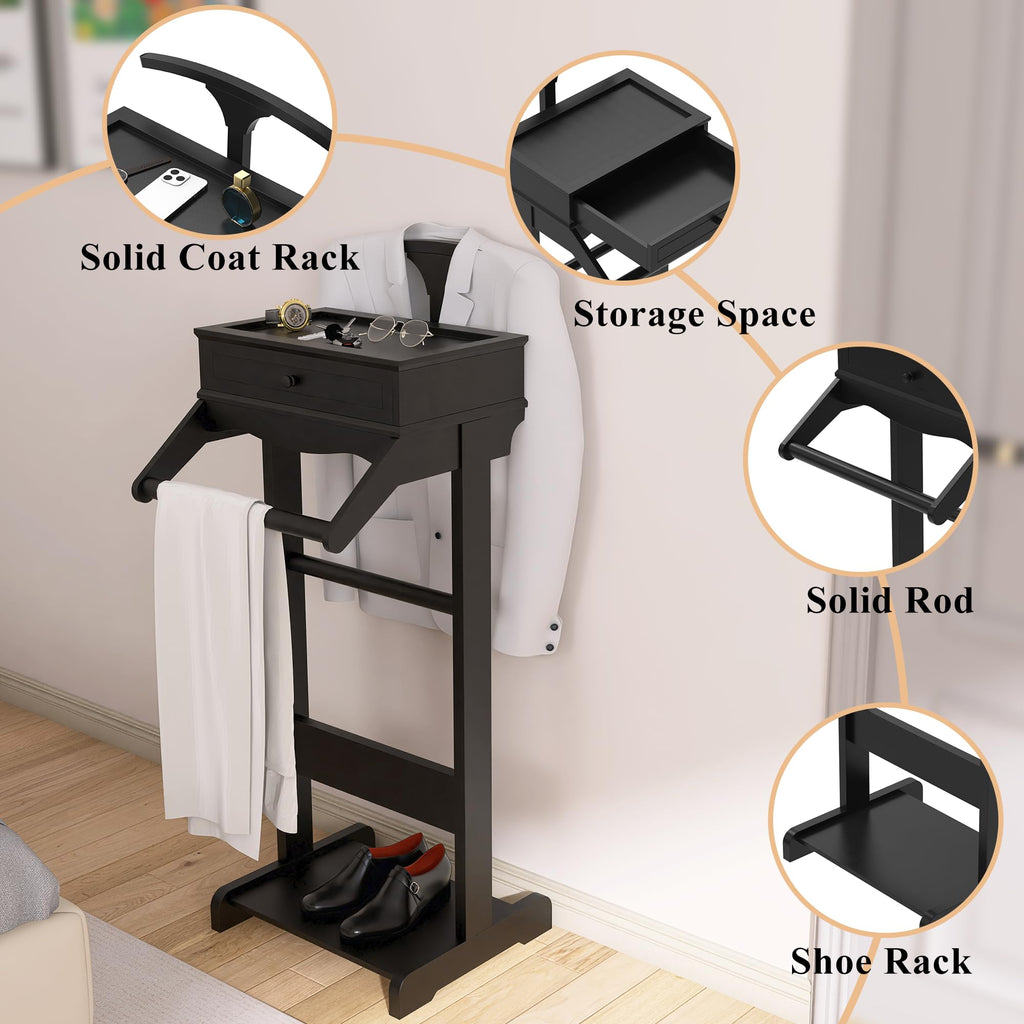 Suit Valet Stand for Men, Wooden Clothes Rack with Drawer & Coat Hanger