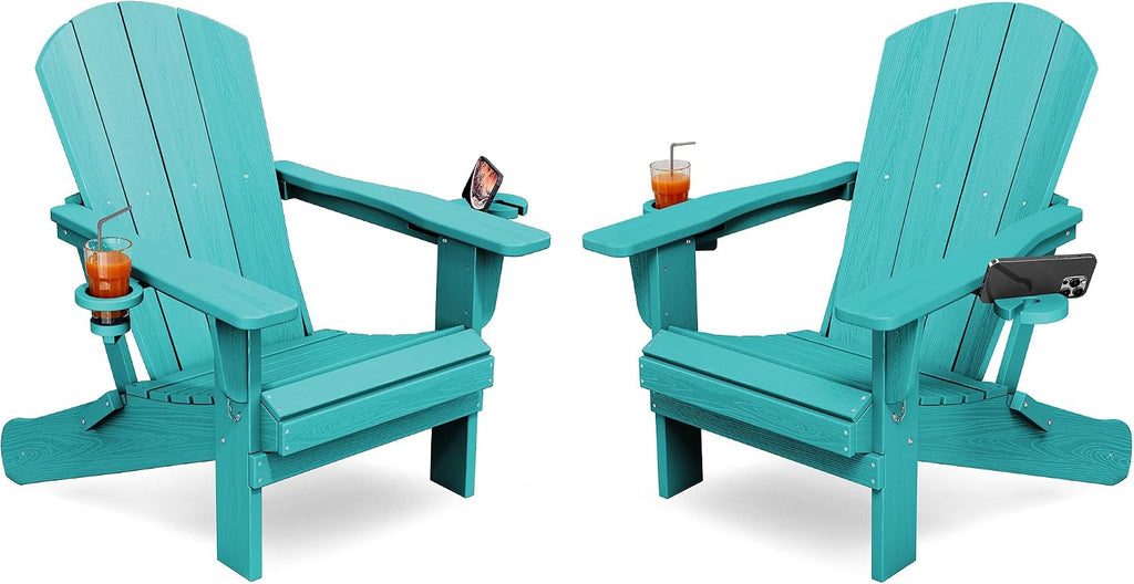 Folding Adirondack Chair Set of 2 with 2 Cup Holders, Aruba | HDPE Composite | Waterproof | Wood Grain | Hidden Cup &