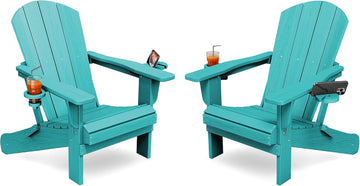 Folding Adirondack Chair Set of 2 with 2 Cup Holders, Aruba | HDPE Composite | Waterproof | Wood Grain | Hidden Cup &