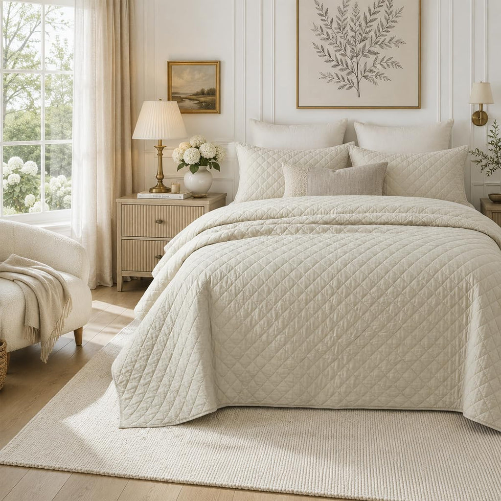 Beige Plaid Stitched Quilt Set Cotton All Season Coverlet
