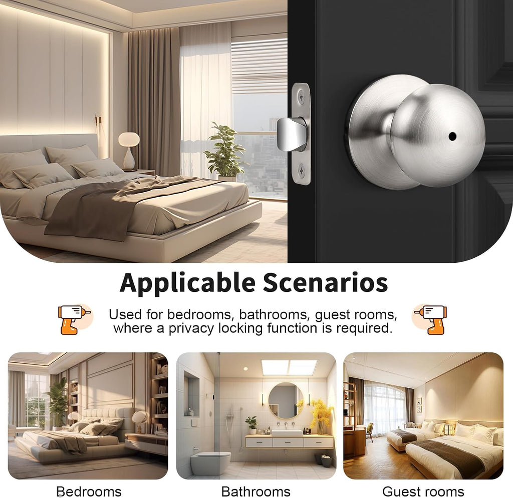 Keyless Privacy Door Knobs /Bathroom, Stainless Steel Door Knobs, Interior Bed Bath Door Handles, Brushed Nickel, 3