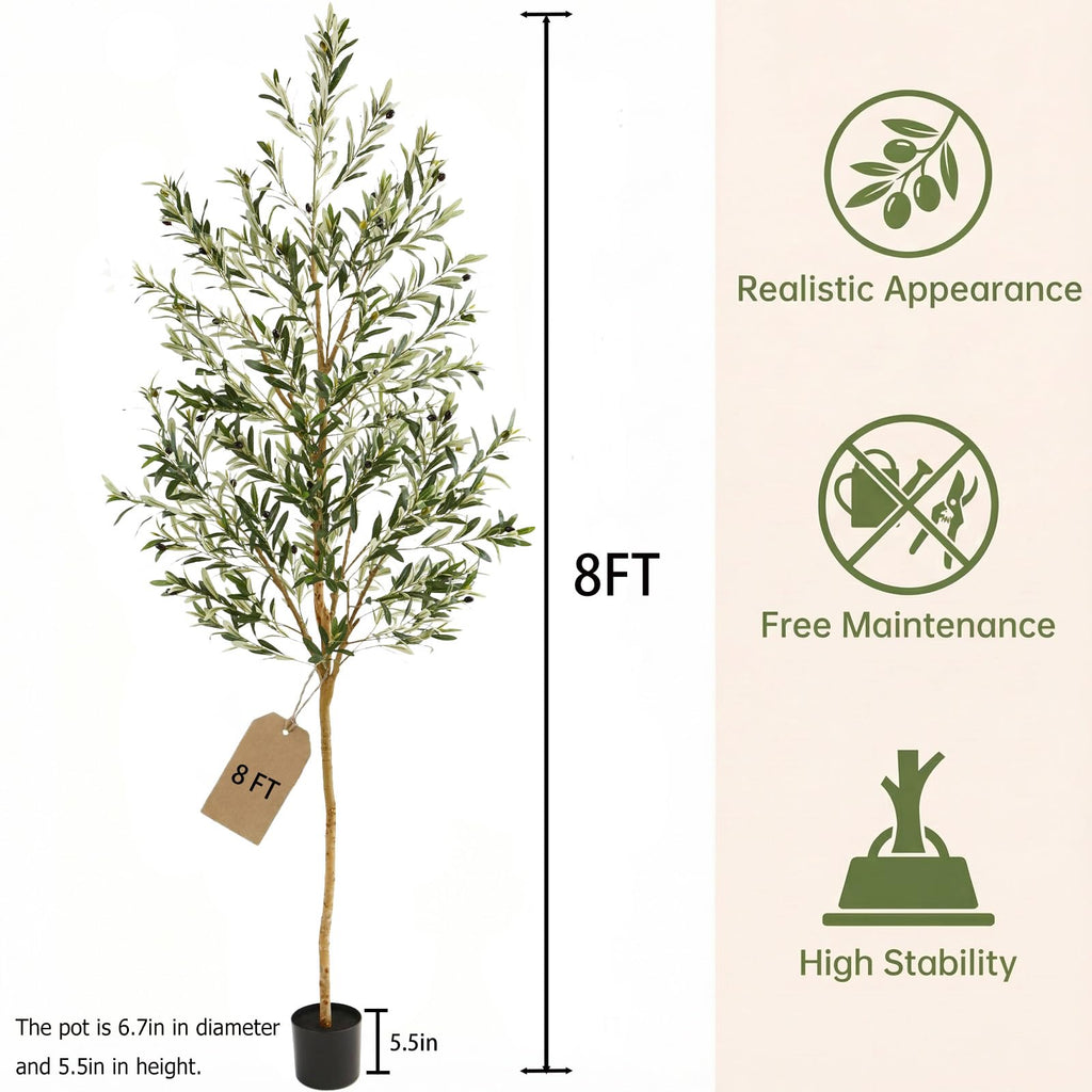 8FT Olive Trees Artificial Indoor, Fake Olive Tree with Natural Wood Trunk and Olive Branches and Lifelike Fruits, Faux