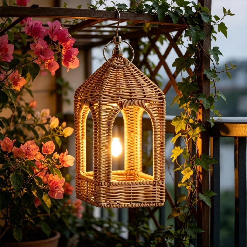Handmade Artificial Rattan Candle Lantern, Boho Woven Decor Lantern