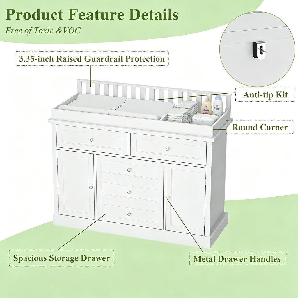 46" Large White Baby Kids Dresser with a Removable Changing Top | Large Chest of Drawers Dresser , 5 Storage Drawers