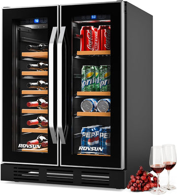 Dual Zone Wine and Beverage Refrigerator, 34 Bottle Wine Fridge with 2 Glass Doo