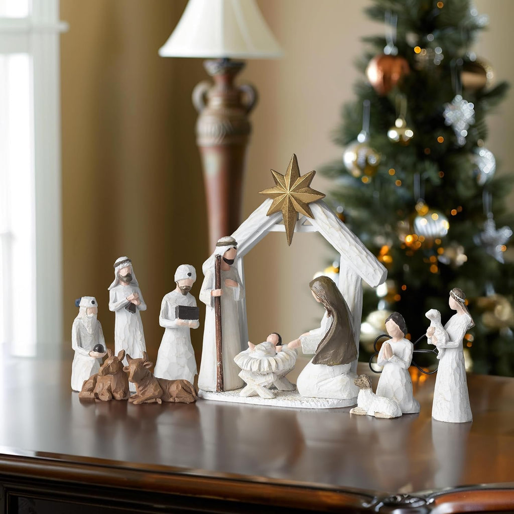Christmas Nativity Scene Set, 12 Piece Resin Miniature Holy Family Figurines, Mini Decorative Religious Christmas