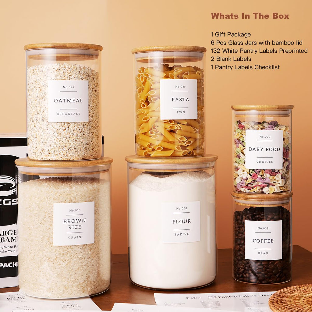 Set of 6 Glass Flour and Sugar jars with 132 Kitchen Pantry Labels - Thicken Large Glass Storage containers