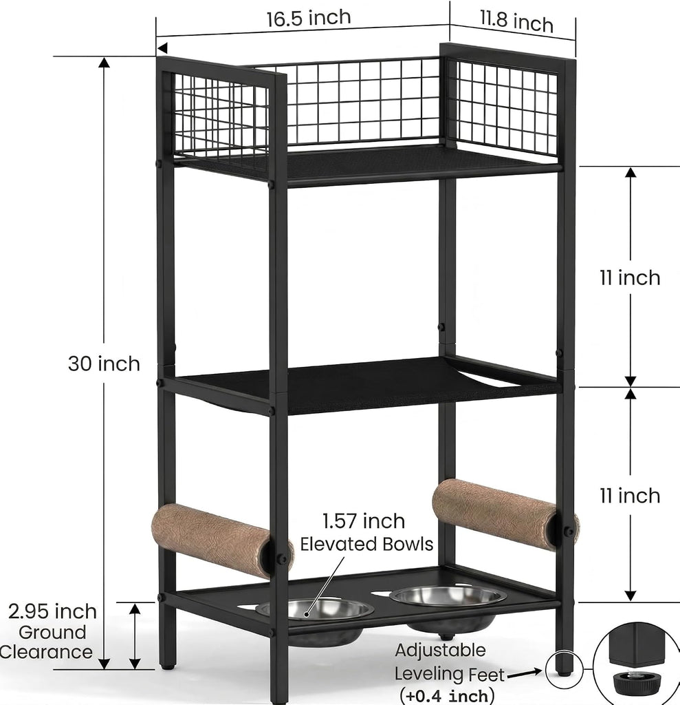 Cat Feeding Station Furniture with Scratching Post, 3-Tier Cat Food Organizer & Storage, Raised Feeding Stand with 2