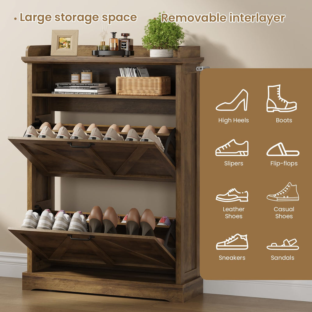 Farmhouse 31.5" W Shoe Cabinet with 2 Flip Drawers & Open Storage, Walnut