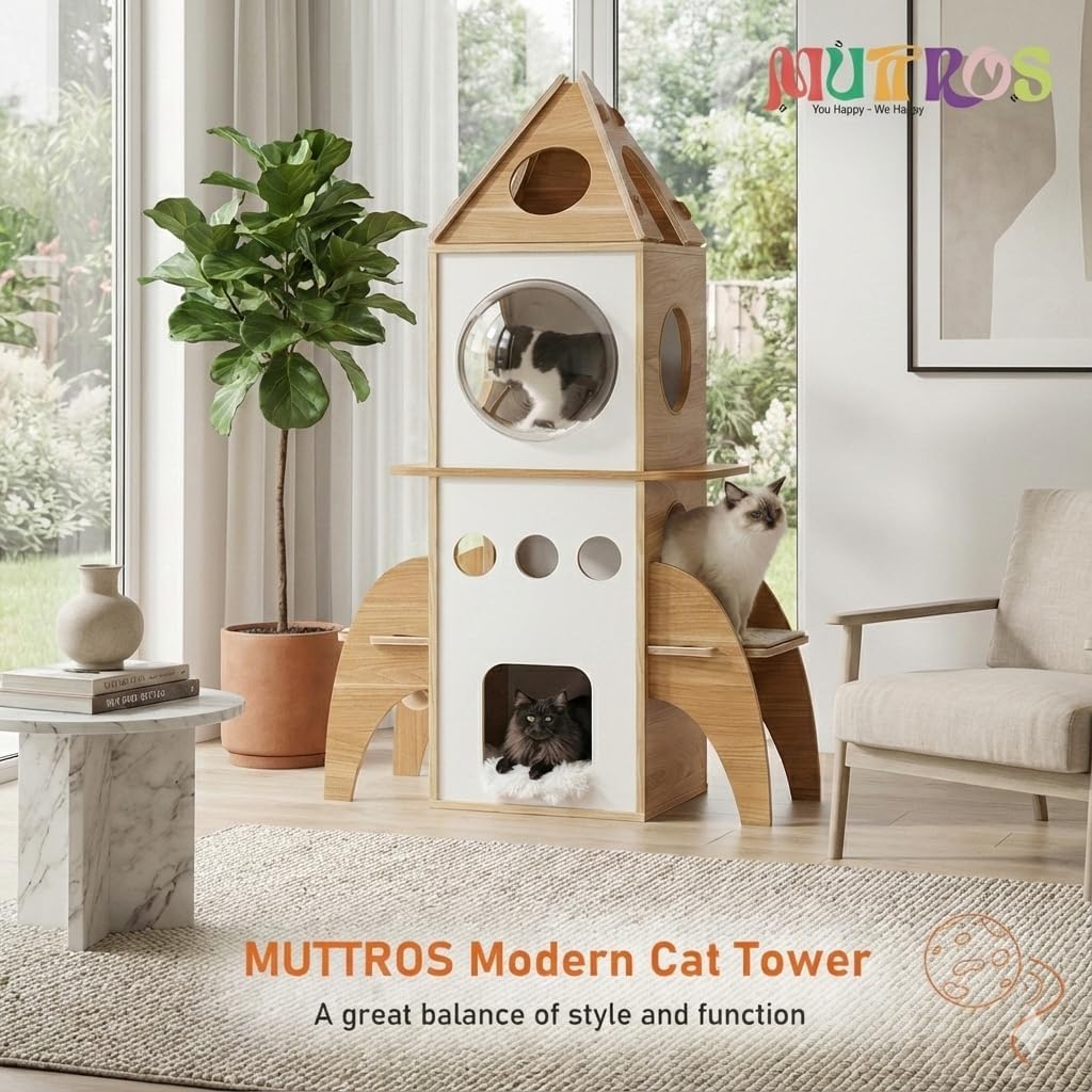Modern Cat Tree Rocket Shape, 54" Wood Cat Tower Multilevel for Indoor Cats, Cat Furniture with 3 Condos, Dangling