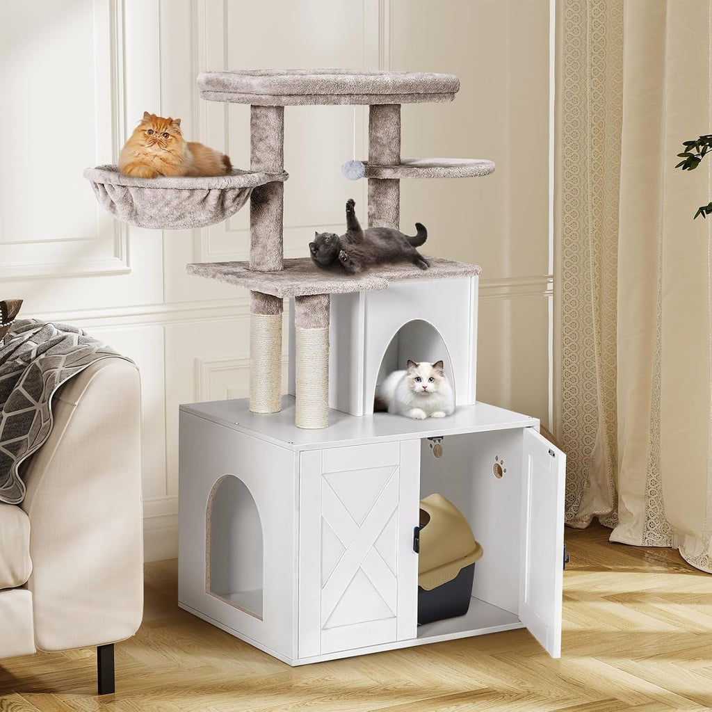 Cat Litter Box Enclosure with Cat Tree Tower and Condo, Hidden Washroom Furniture with Sisal Scratching Post and Soft