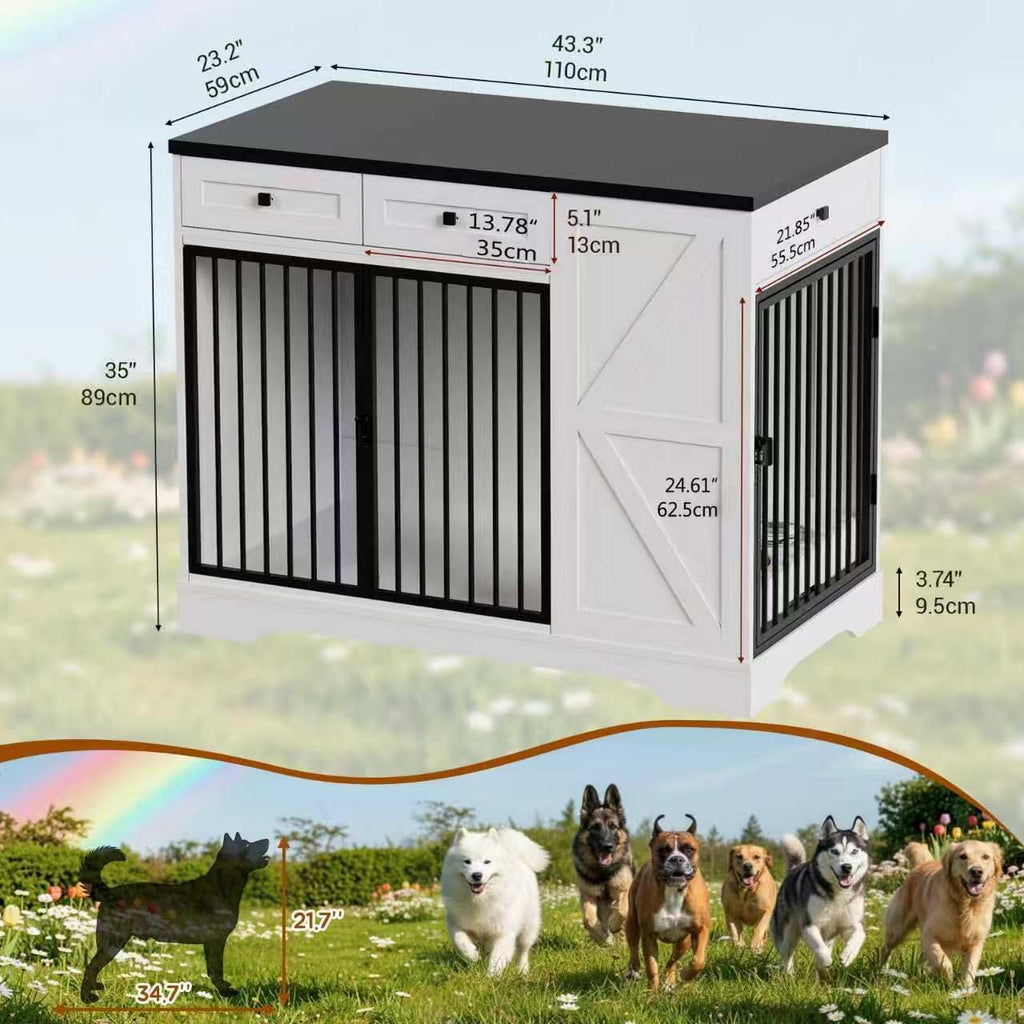 Large Dog Crate Furniture with Storage, Indoor Dog Kennel with 3 Drawers & 2 Feeding Bowls, Furniture Style Wooden