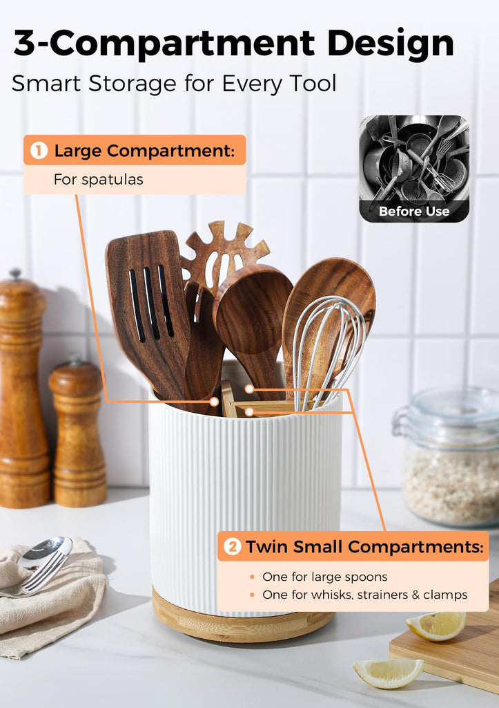 7.5" Utensil Holder, 3 Compartment Ceramic Kitchen Utensil Holder with Cork Bottom, Large Utensil Crock