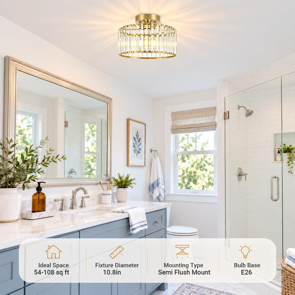 Crystal Ceiling Light Fixture, Modern Semi Flush Mount Ceiling Light, Gold Hallway Lighting Fixtures Chandelier
